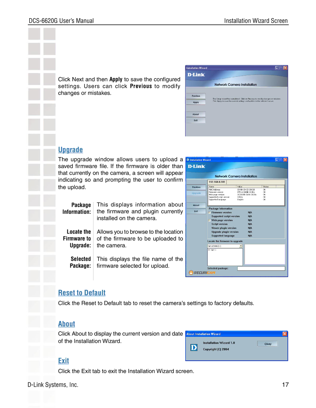 D-Link DCS-6620G manual Upgrade, Reset to Default, About, Exit, Selected Package 