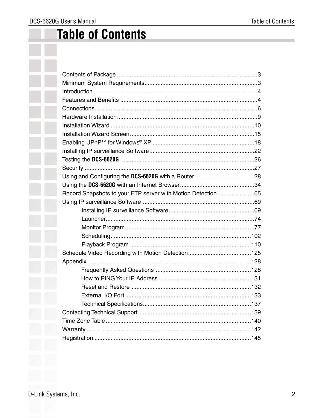 D-Link DCS-6620G manual Table of Contents 