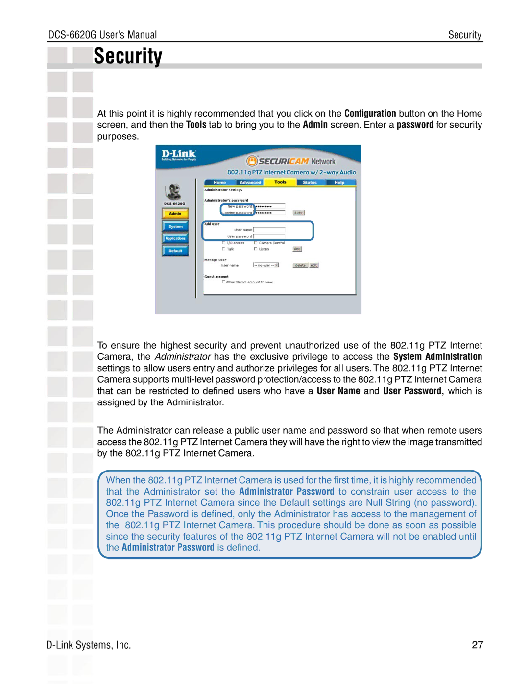 D-Link DCS-6620G manual Security 