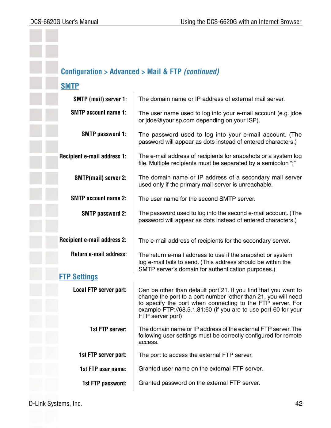 D-Link DCS-6620G manual FTP Settings, Local FTP server port 1st FTP server 