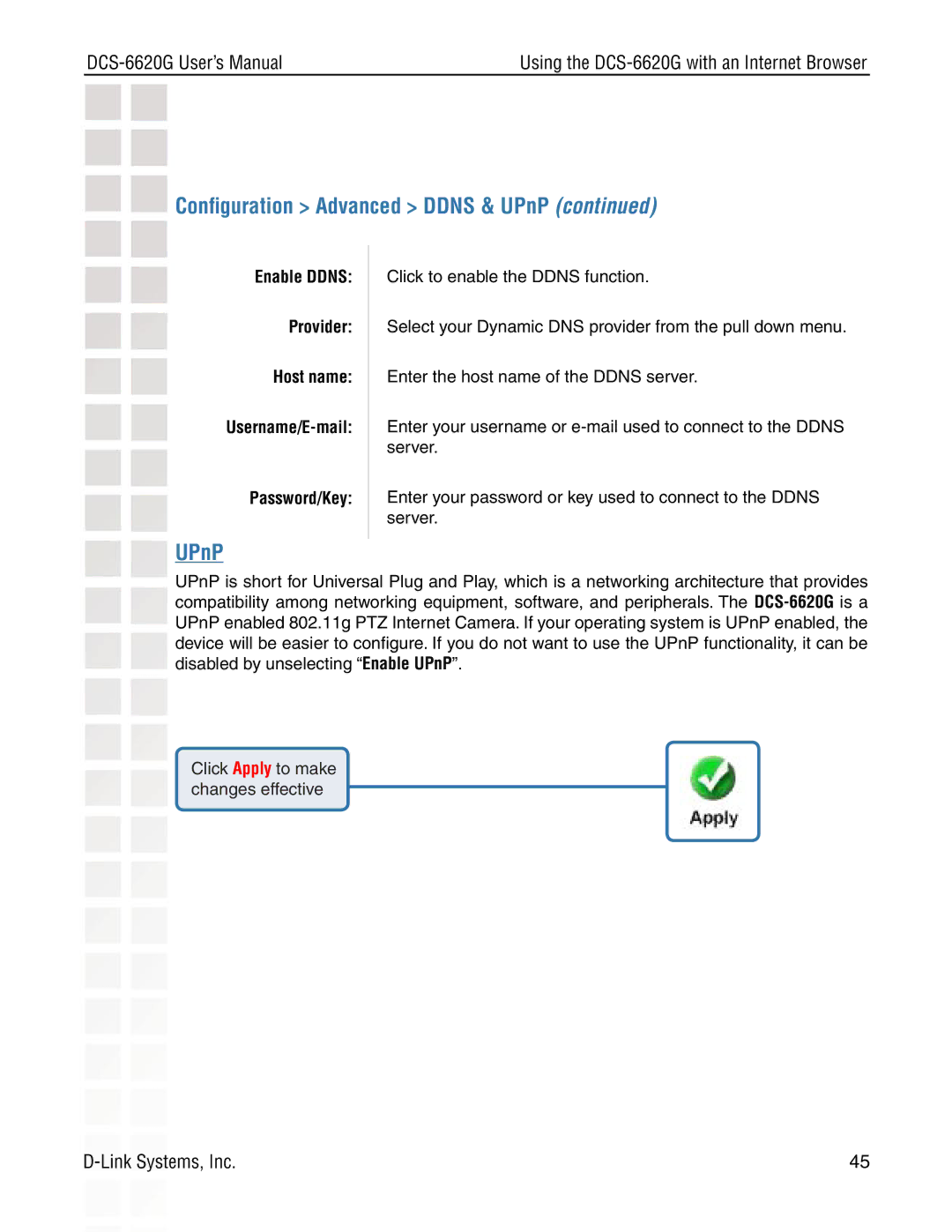 D-Link DCS-6620G manual UPnP, Enable Ddns Provider Host name Username/E-mail Password/Key 