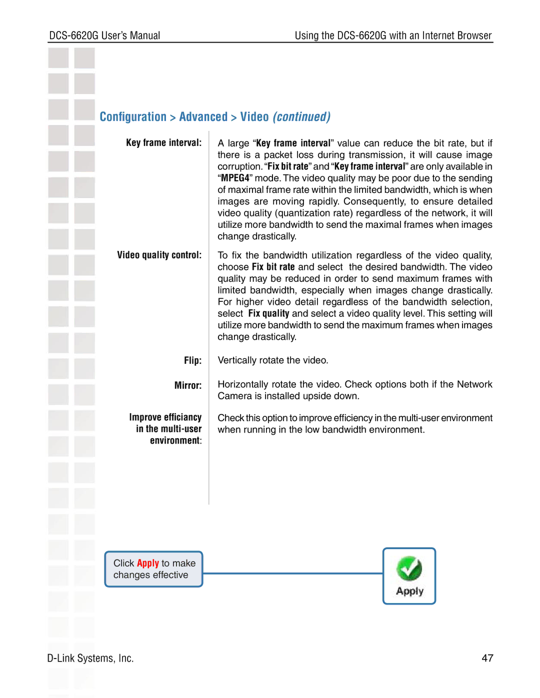 D-Link DCS-6620G manual Key frame interval Video quality control Flip Mirror 