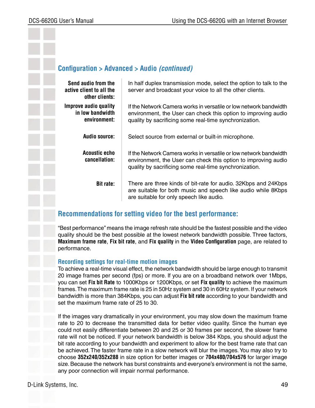 D-Link DCS-6620G manual Recommendations for setting video for the best performance, Audio source, Bit rate 