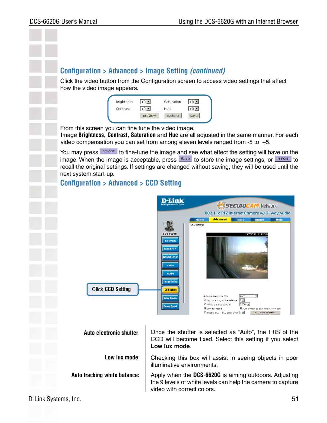 D-Link DCS-6620G manual Conﬁguration Advanced CCD Setting 