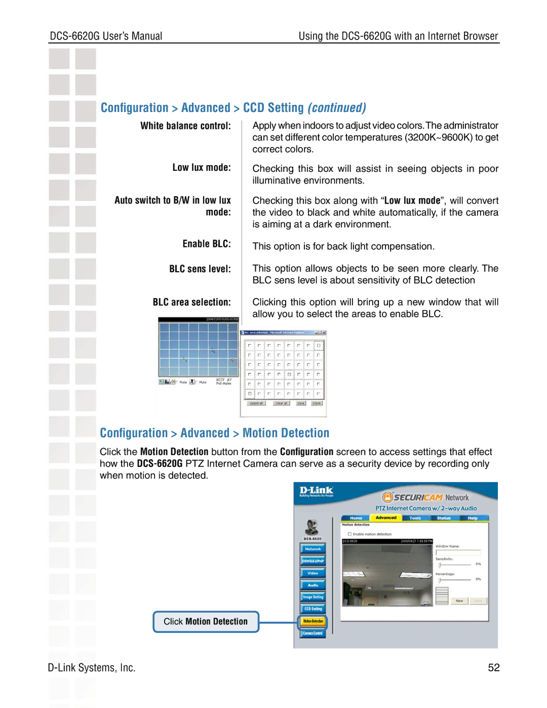 D-Link DCS-6620G manual Conﬁguration Advanced Motion Detection, White balance control Low lux mode 