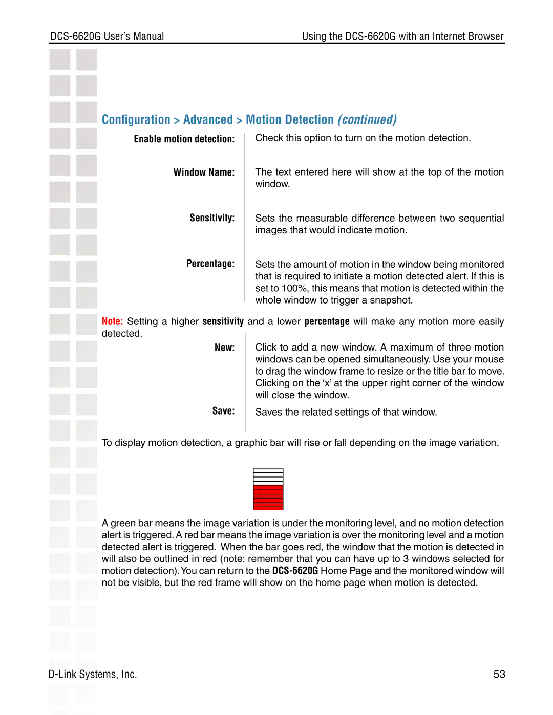 D-Link DCS-6620G manual Enable motion detection Window Name Sensitivity Percentage, New Save 