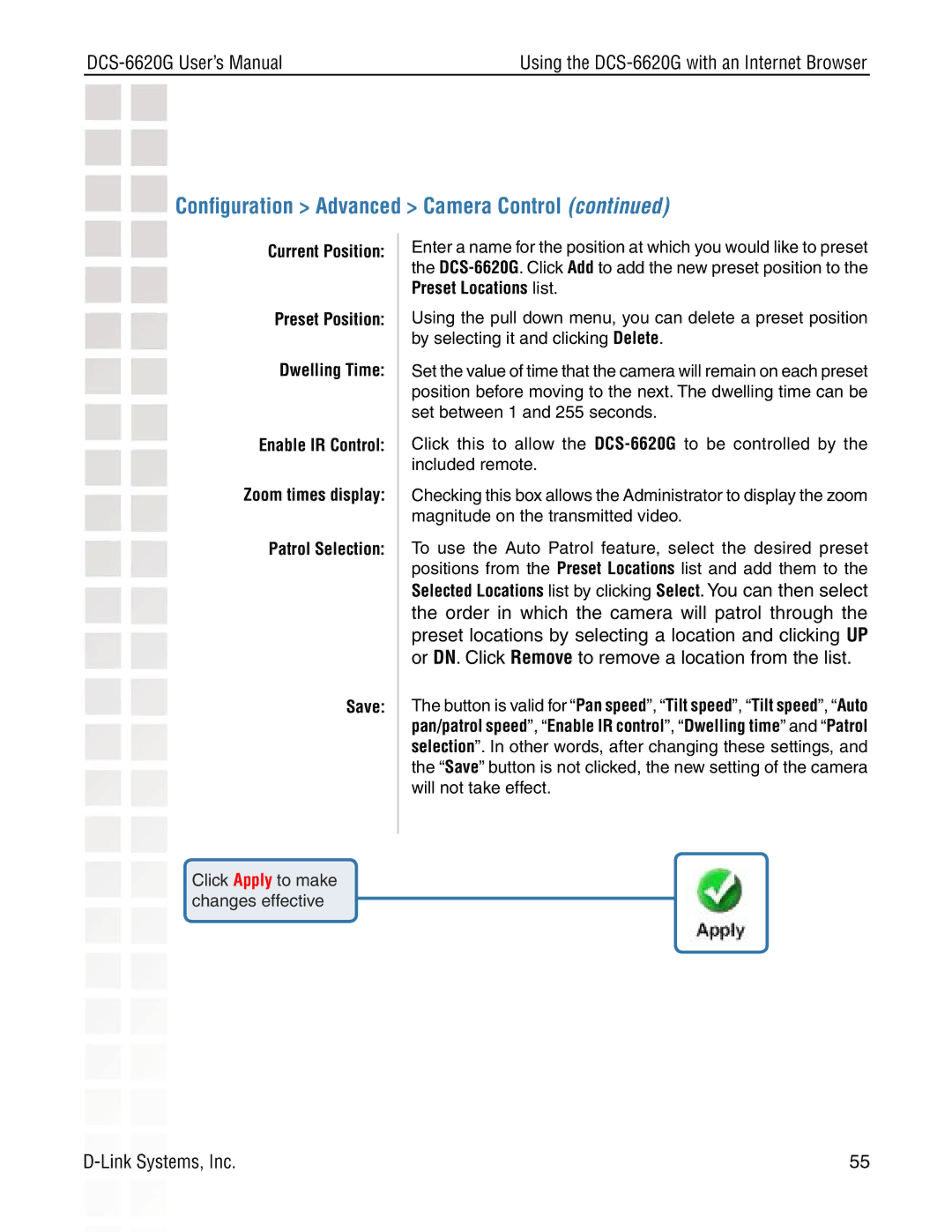 D-Link DCS-6620G manual Click Apply to make changes effective 