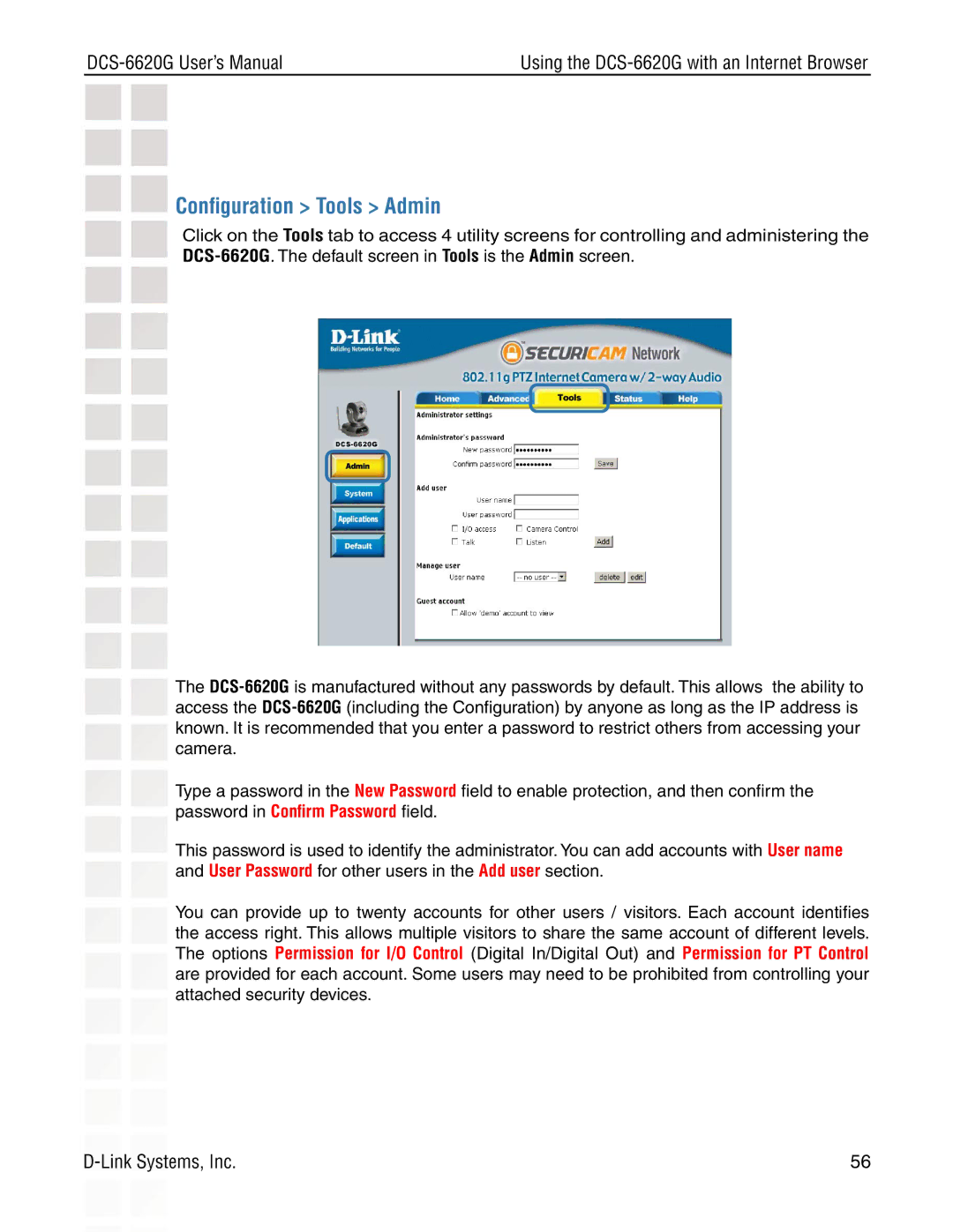 D-Link DCS-6620G manual Conﬁguration Tools Admin 