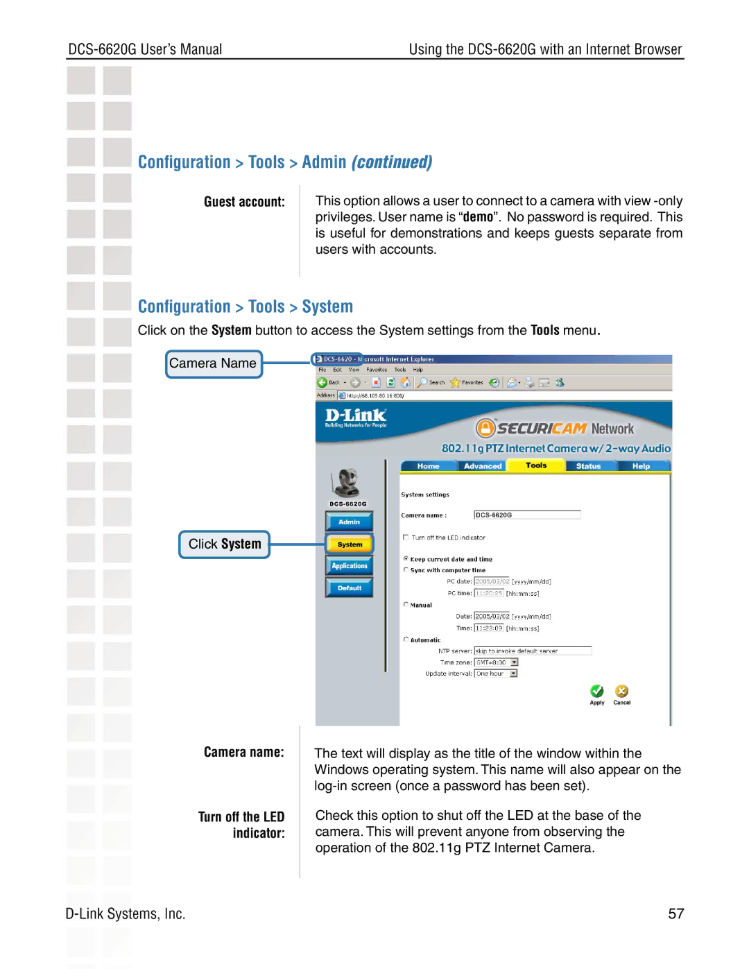 D-Link DCS-6620G manual Conﬁguration Tools System, Guest account, Click System Camera name 