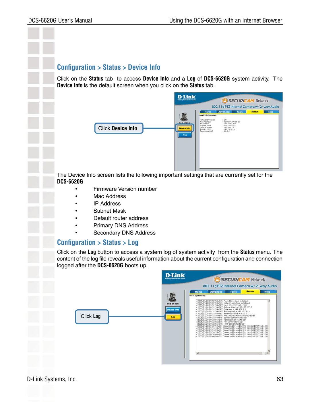 D-Link DCS-6620G manual Conﬁguration Status Device Info, Conﬁguration Status Log, Click Device Info 