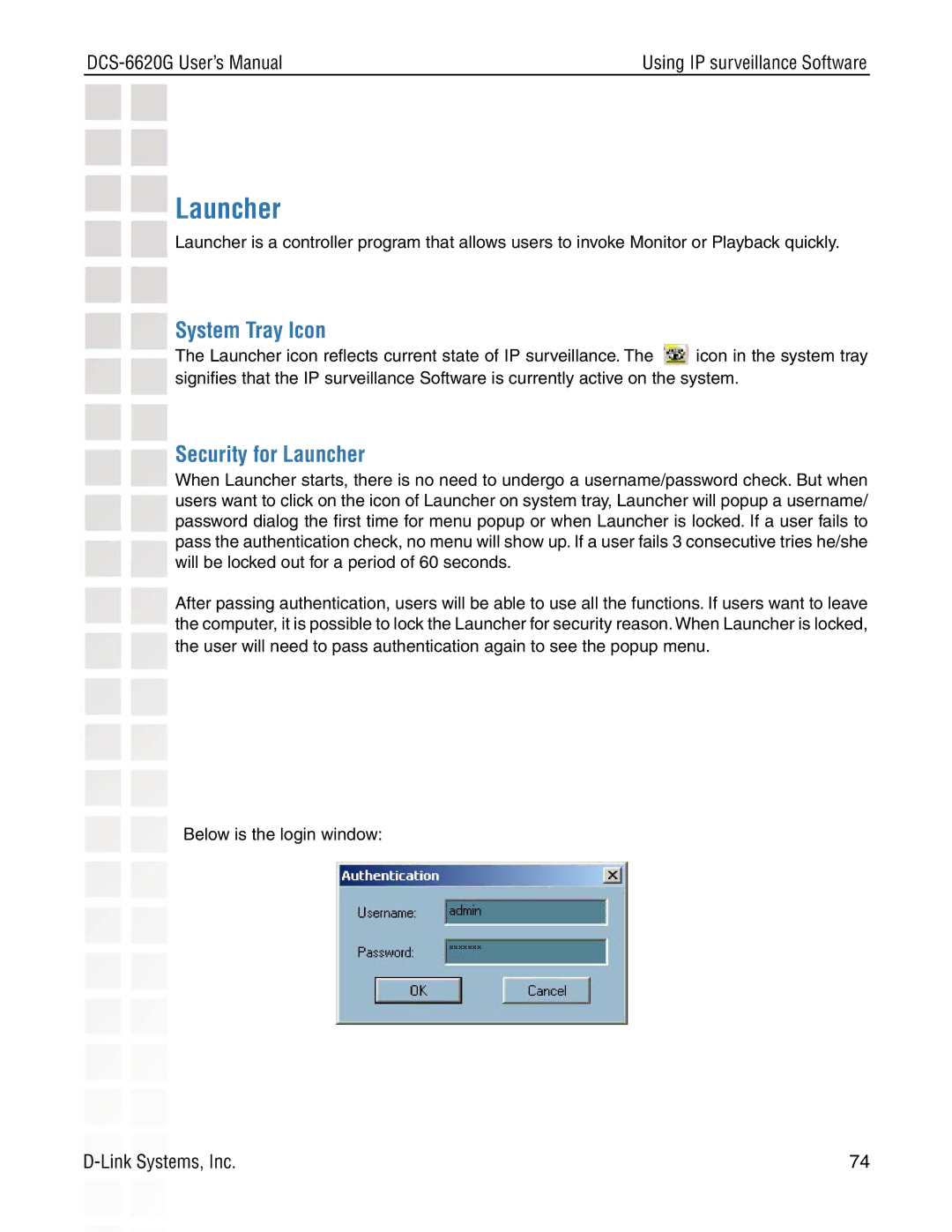 D-Link DCS-6620G manual System Tray Icon, Security for Launcher 