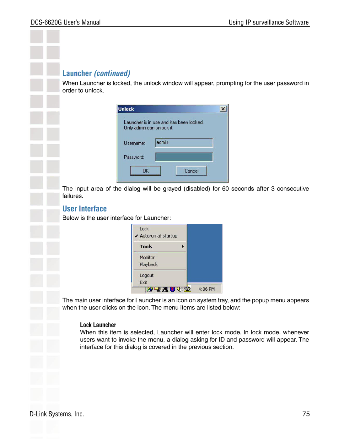 D-Link DCS-6620G manual User Interface,  Lock Launcher 