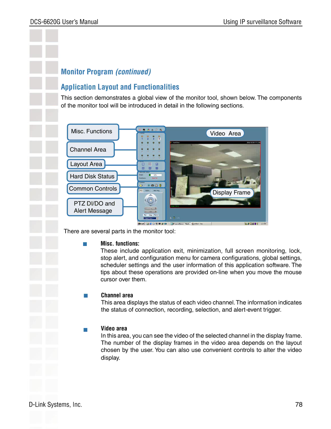 D-Link DCS-6620G Monitor Program Application Layout and Functionalities,  Misc. functions,  Channel area,  Video area 