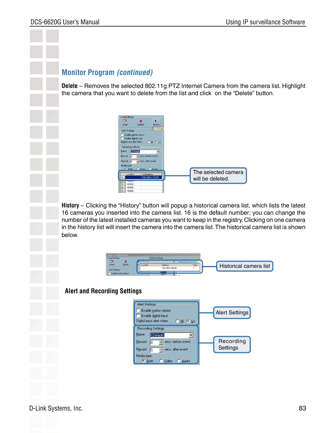 D-Link DCS-6620G manual Alert and Recording Settings 