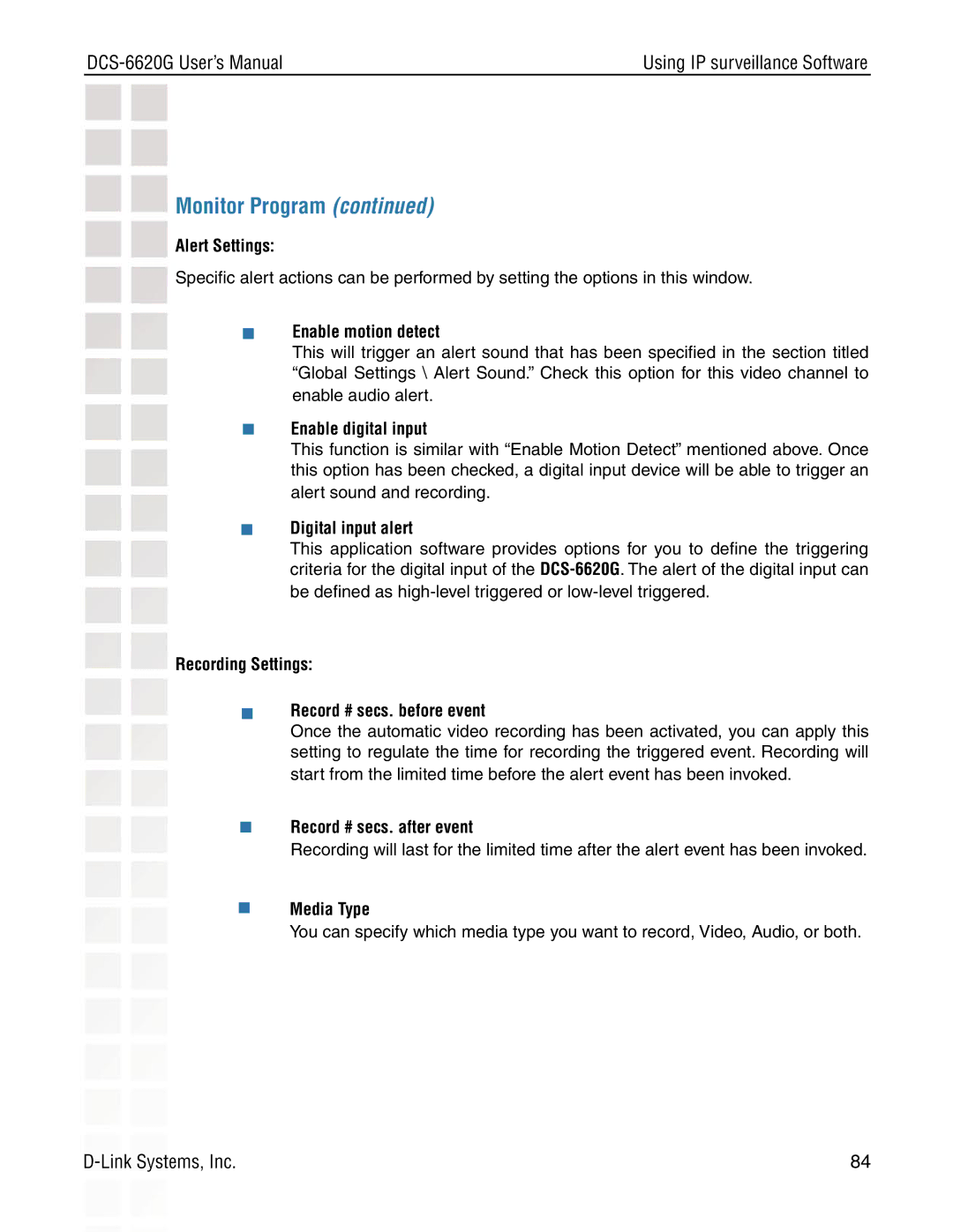 D-Link DCS-6620G manual Alert Settings,  Enable motion detect,  Enable digital input,  Digital input alert,  Media Type 