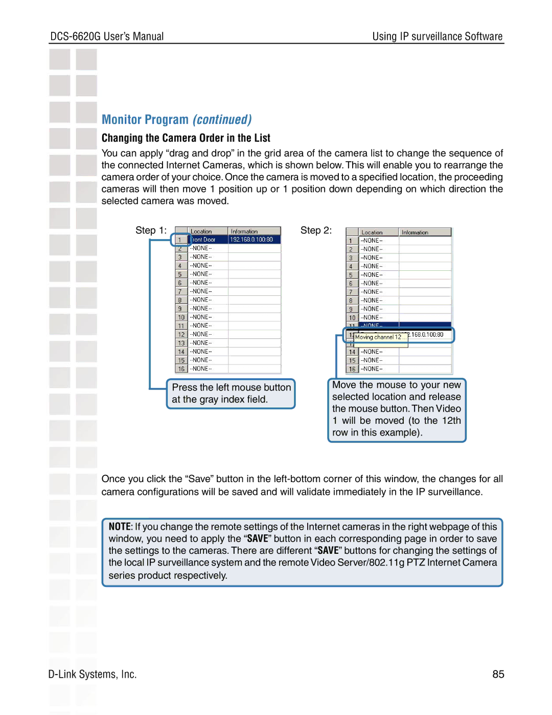 D-Link DCS-6620G manual Changing the Camera Order in the List 