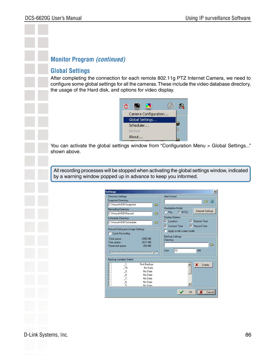 D-Link DCS-6620G manual Monitor Program Global Settings 