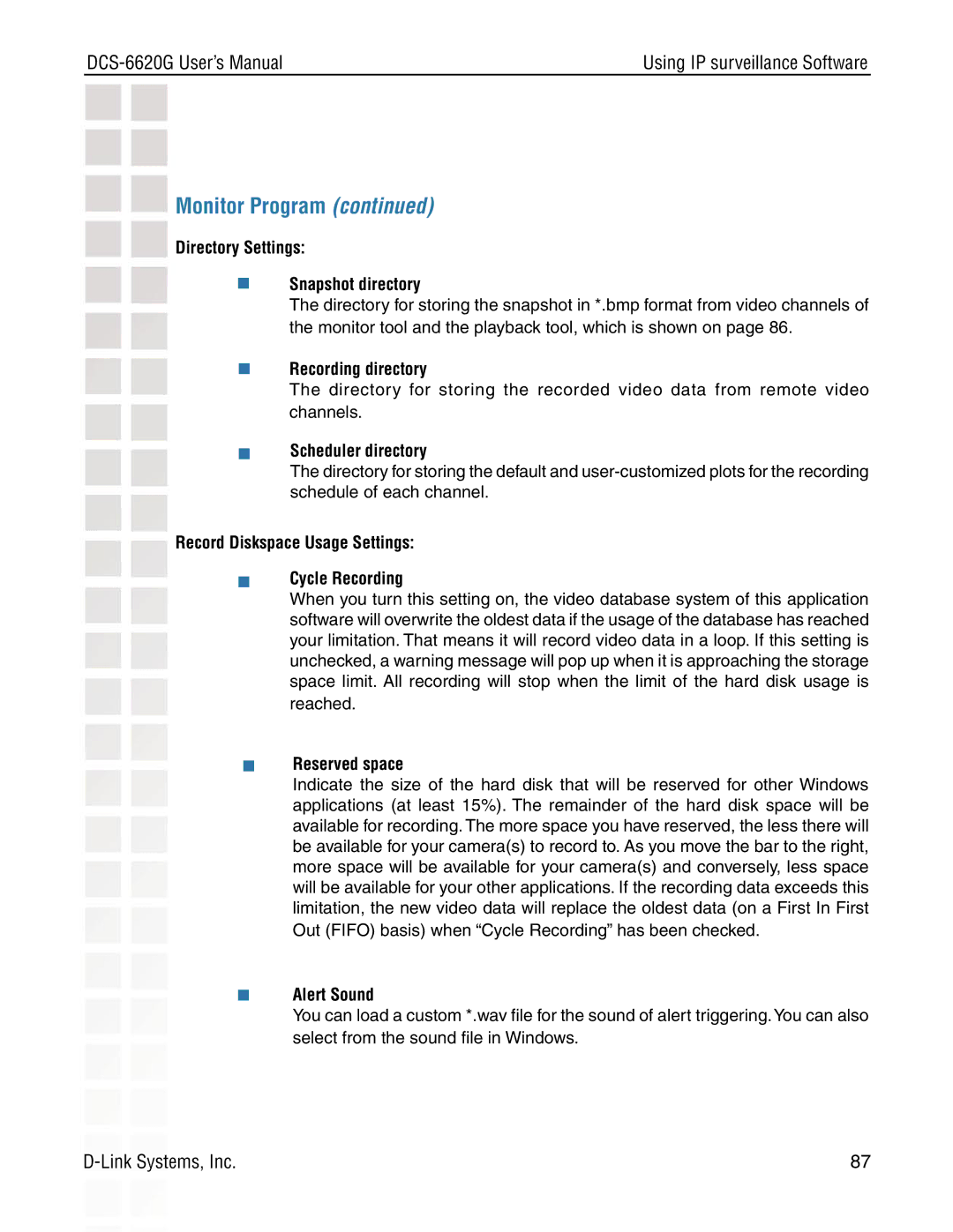 D-Link DCS-6620G Directory Settings  Snapshot directory,  Recording directory,  Scheduler directory,  Reserved space 