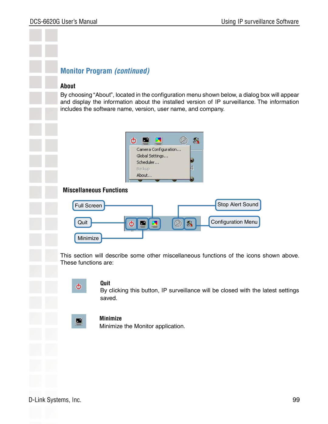 D-Link DCS-6620G manual About, Miscellaneous Functions, Quit, Minimize 