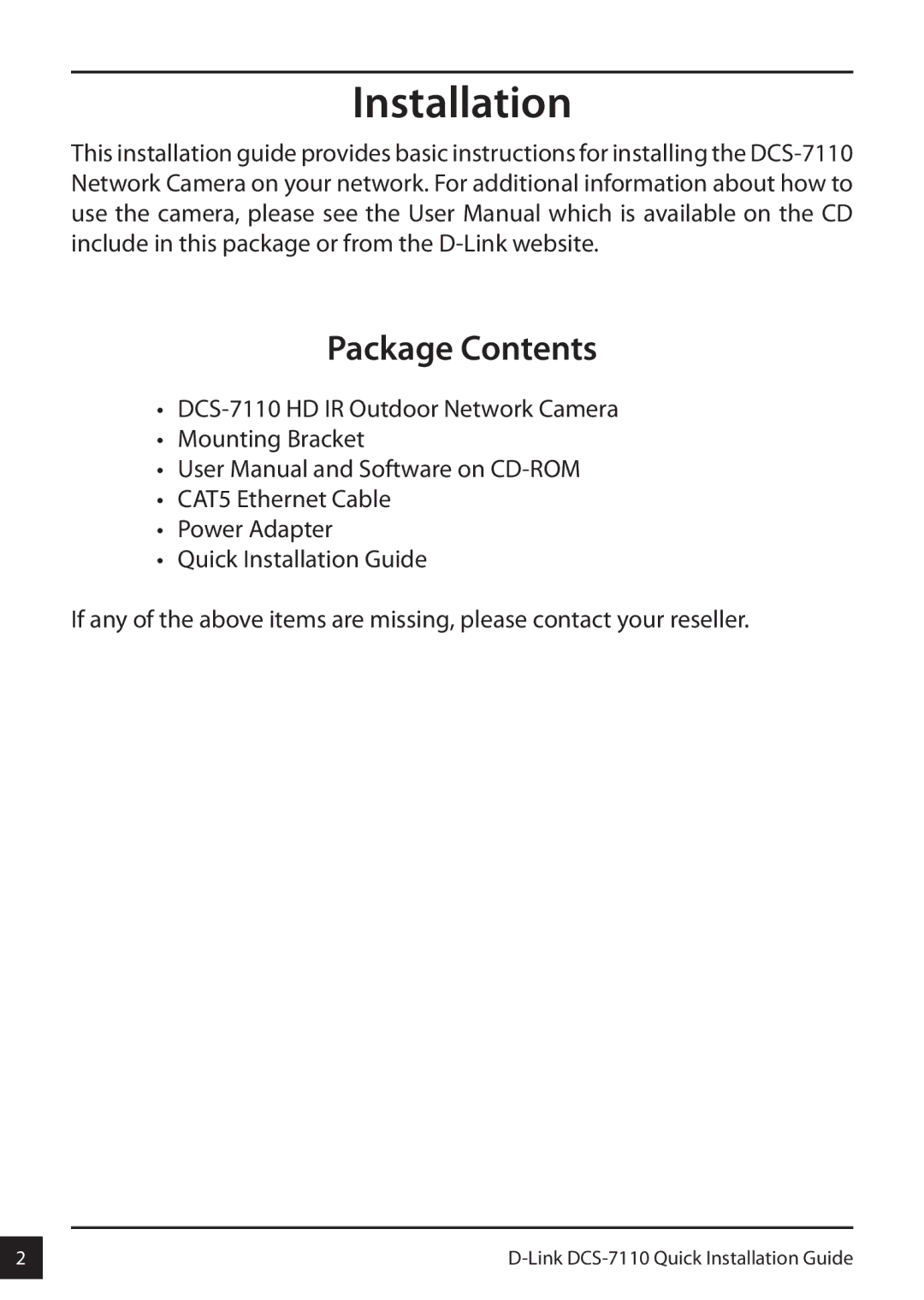 D-Link DCS-7110 manual Installation, Package Contents 