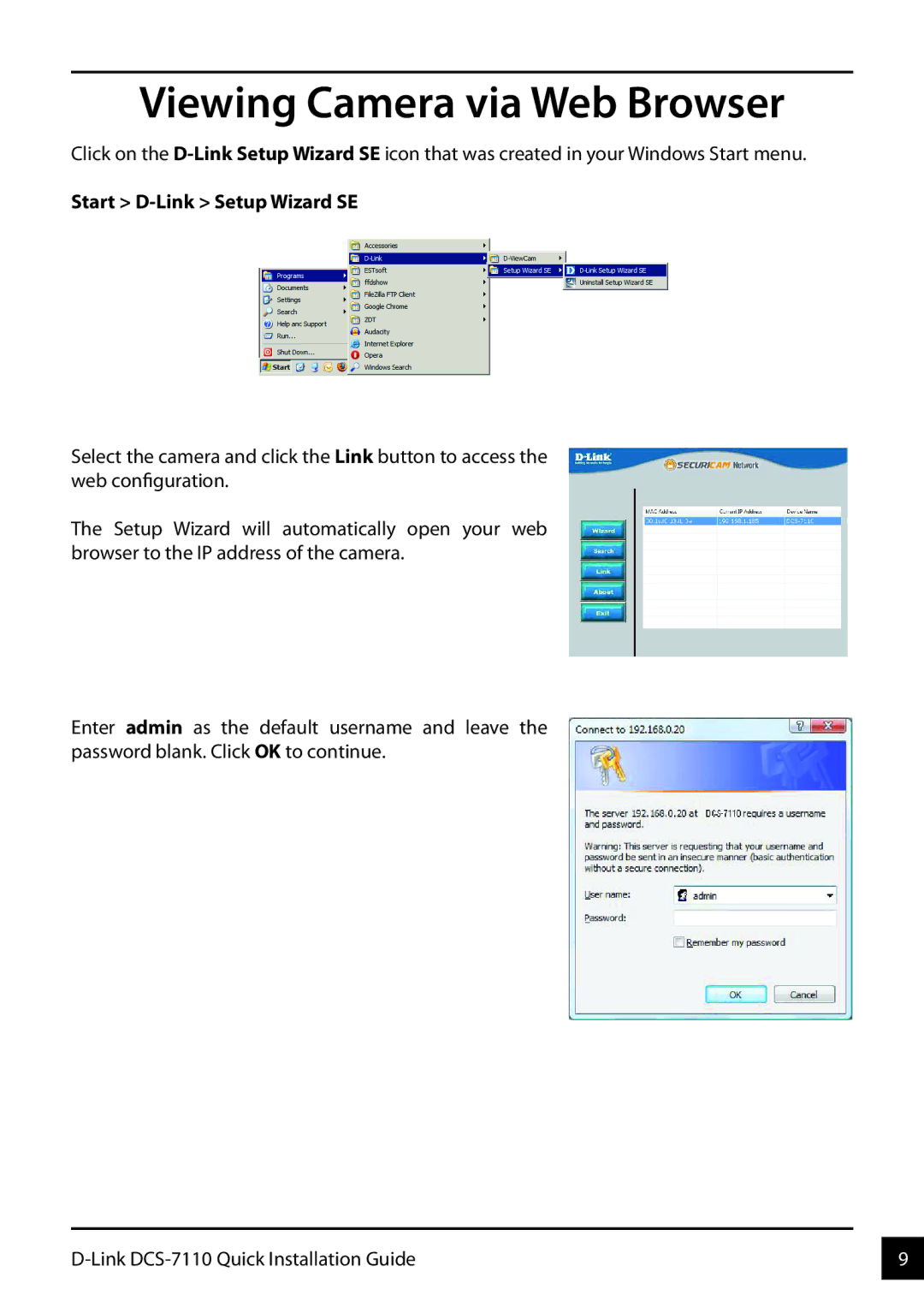 D-Link DCS-7110 manual Viewing Camera via Web Browser 