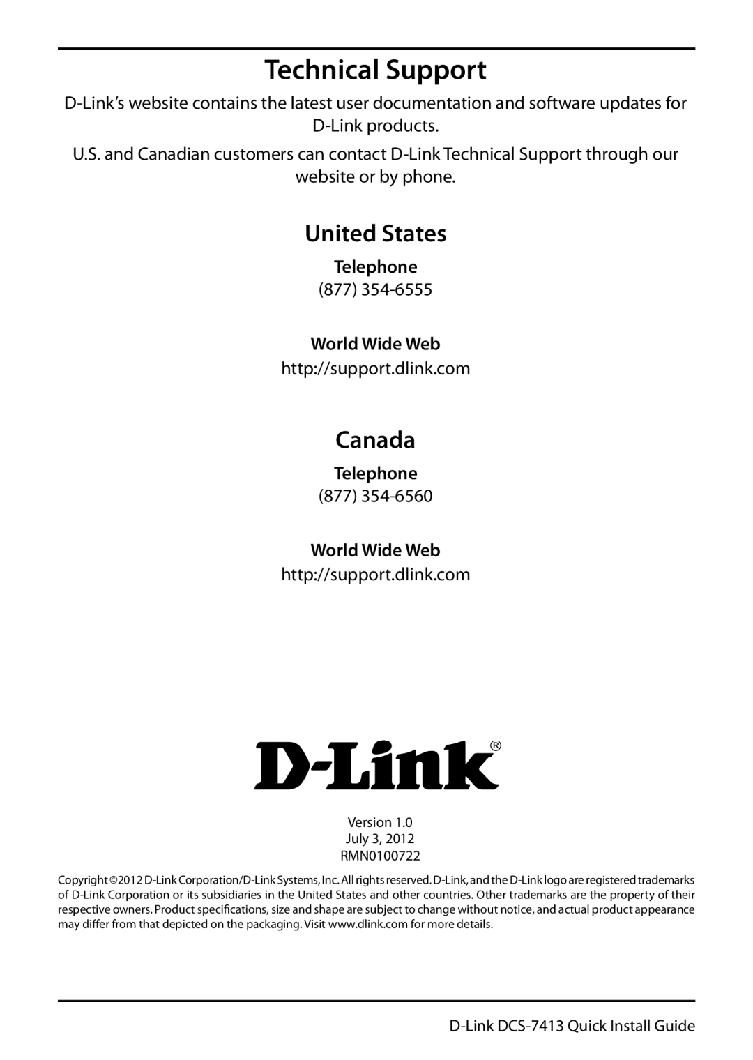 D-Link DCS-7413 manual Technical Support, Canada 