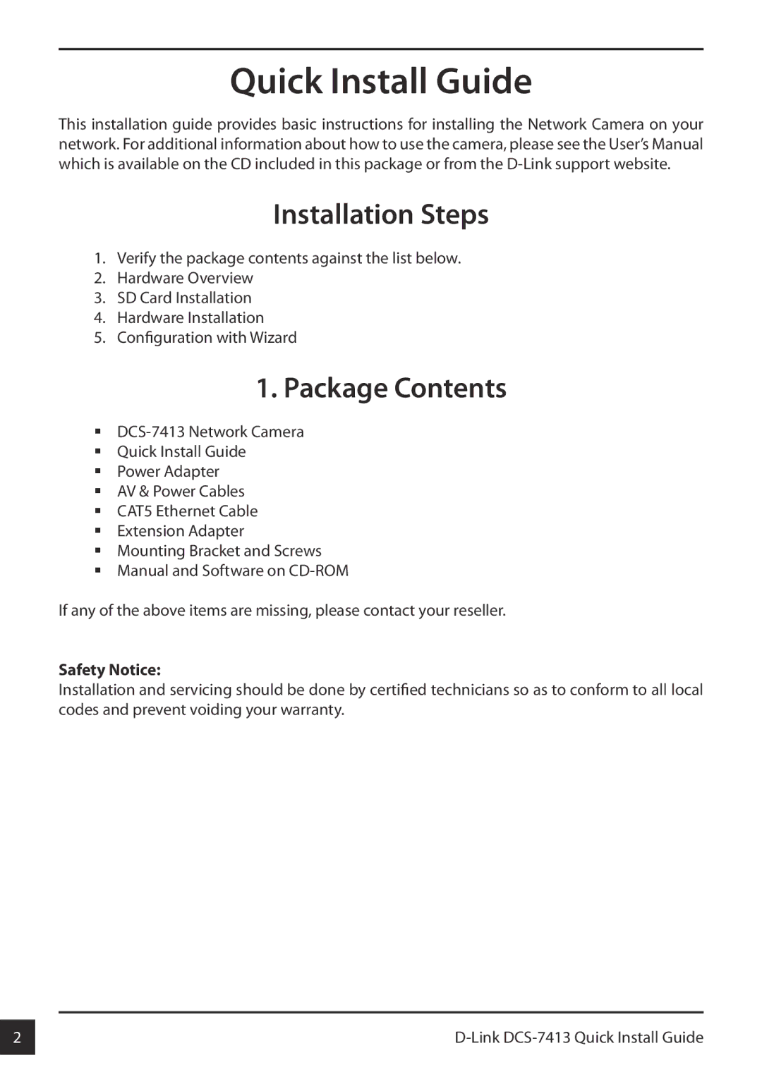 D-Link DCS-7413 manual Installation Steps, Package Contents 