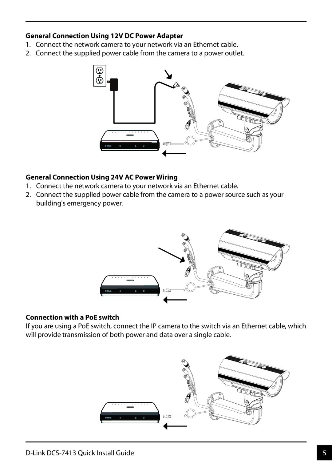 D-Link DCS-7413 manual General Connection Using 12V DC Power Adapter, General Connection Using 24V AC Power Wiring 