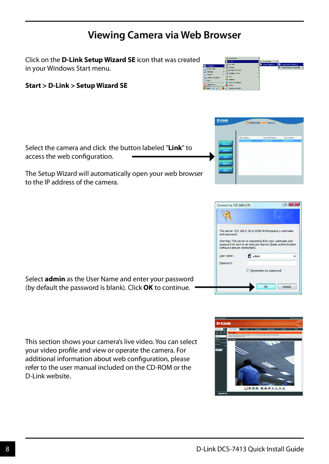 D-Link DCS-7413 manual Viewing Camera via Web Browser 