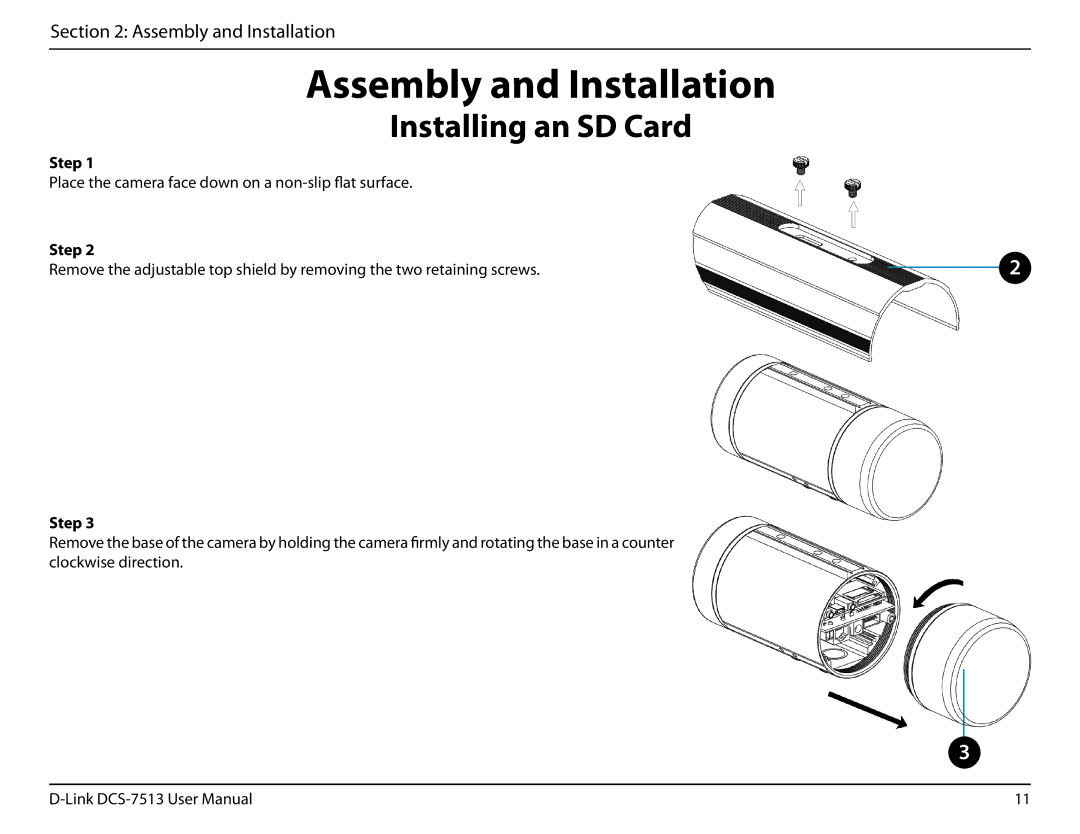 D-Link DCS-7513 user manual Assembly and Installation, Installing an SD Card 