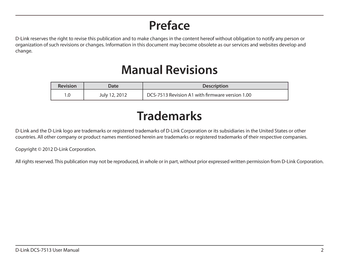 D-Link DCS-7513 user manual Manual Revisions 