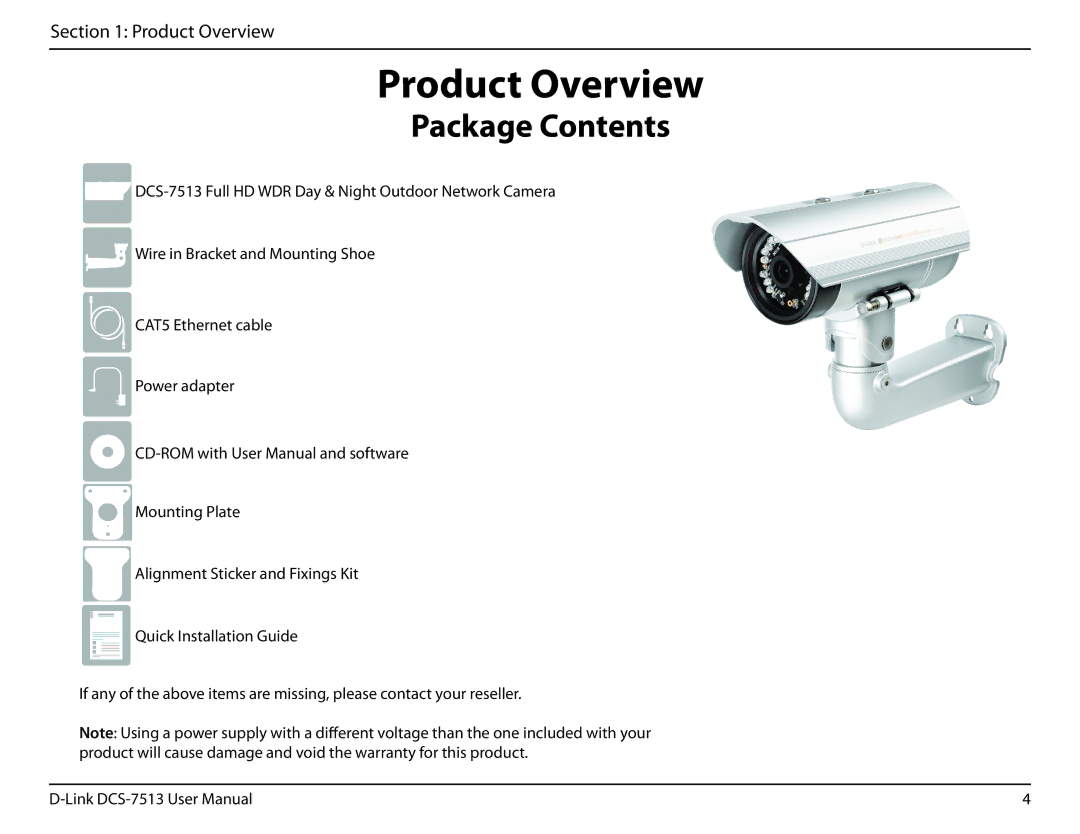 D-Link DCS-7513 user manual Product Overview, Package Contents 