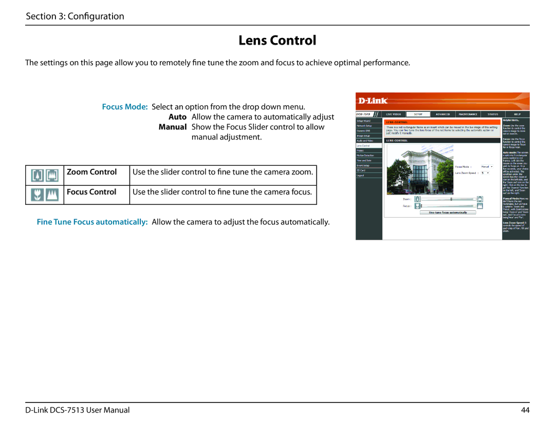 D-Link DCS-7513 user manual Lens Control, Focus Control 