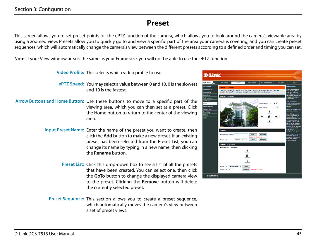 D-Link DCS-7513 user manual Preset 