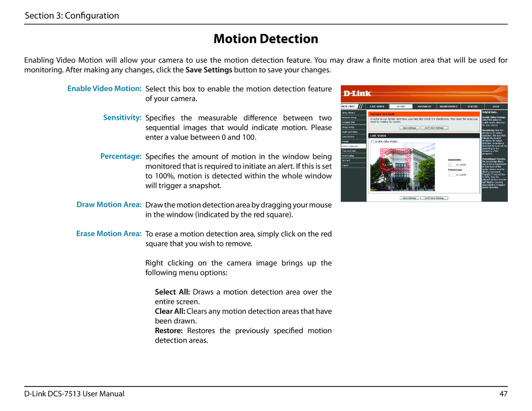 D-Link DCS-7513 user manual Motion Detection 