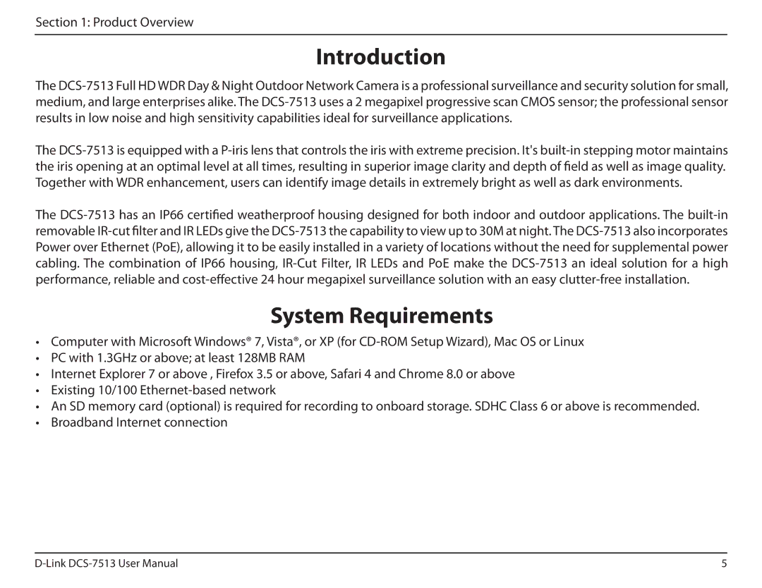 D-Link DCS-7513 user manual Introduction, System Requirements 