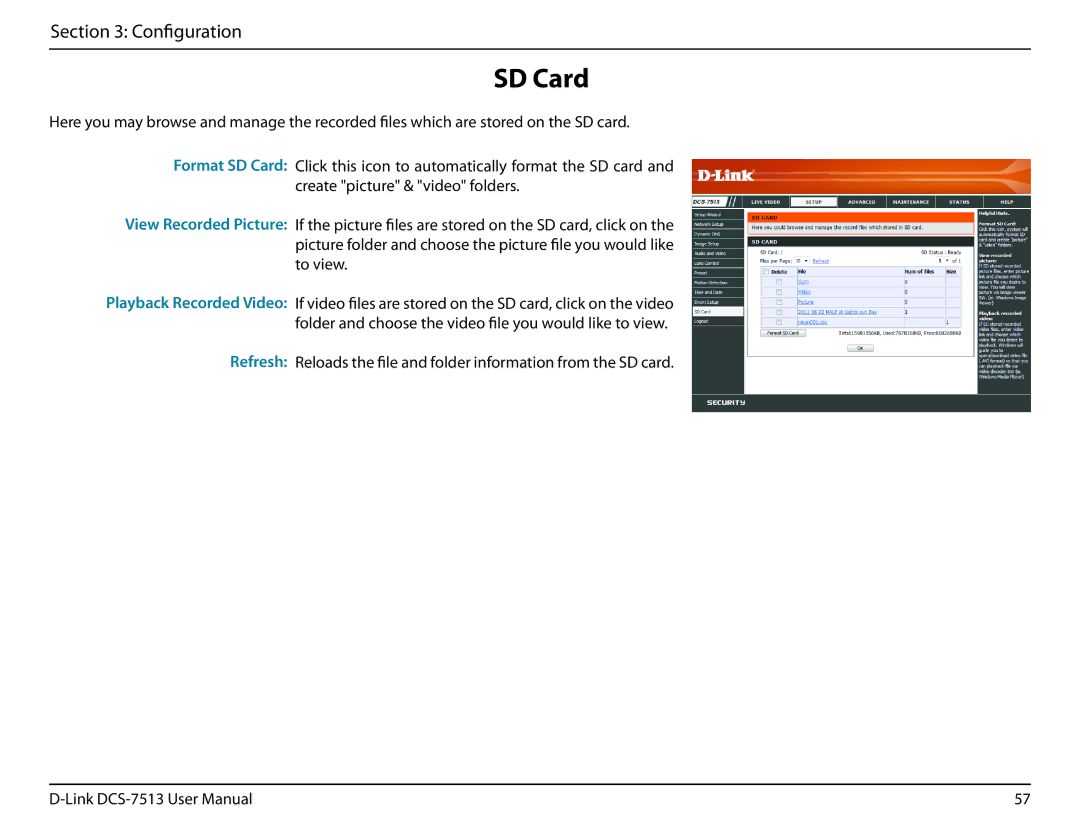 D-Link DCS-7513 user manual SD Card 