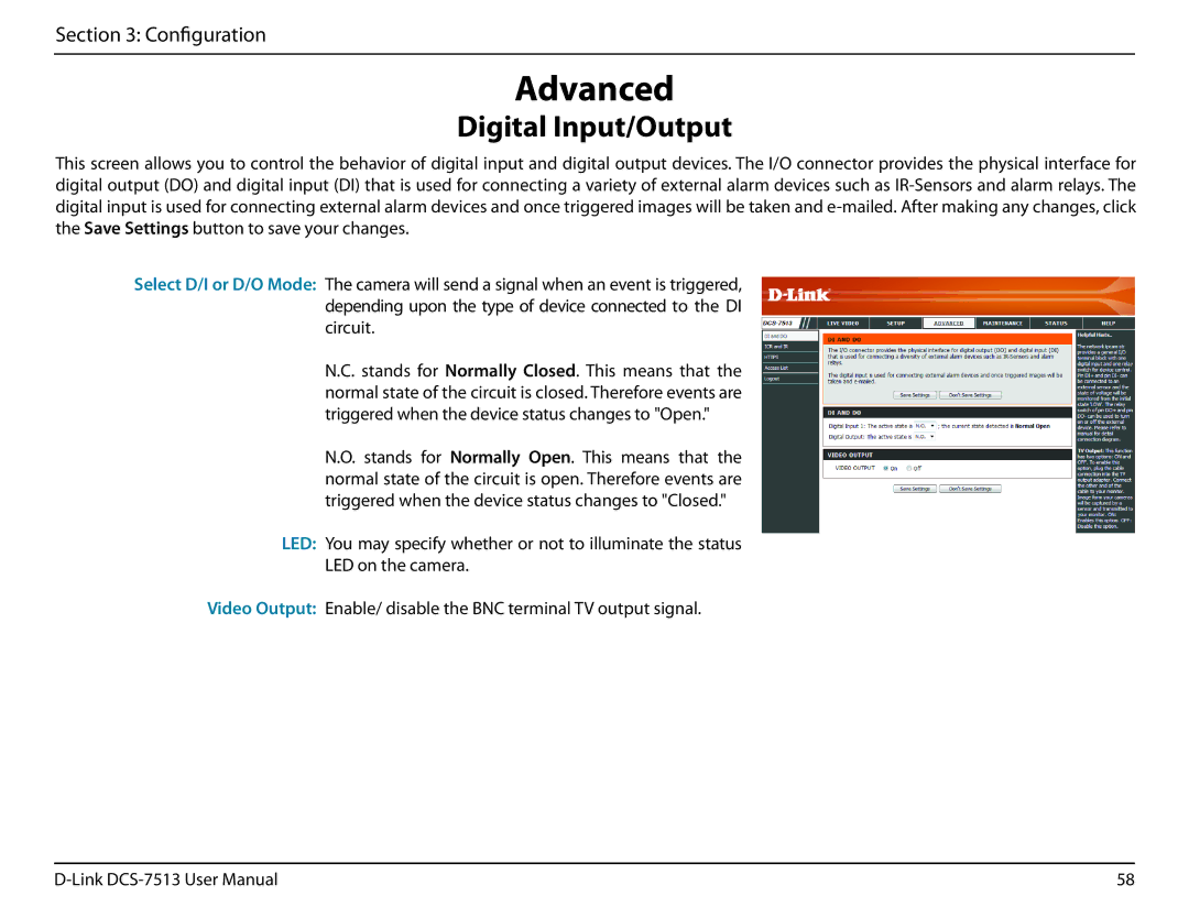 D-Link DCS-7513 user manual Advanced, Digital Input/Output 