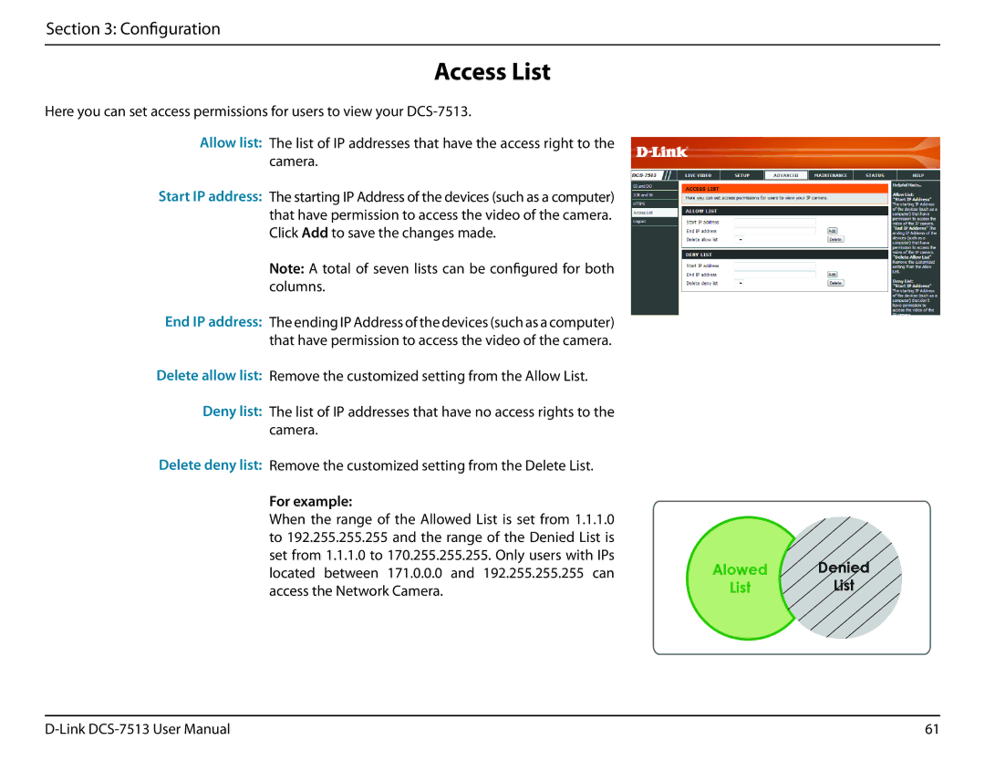 D-Link DCS-7513 user manual Access List, For example 