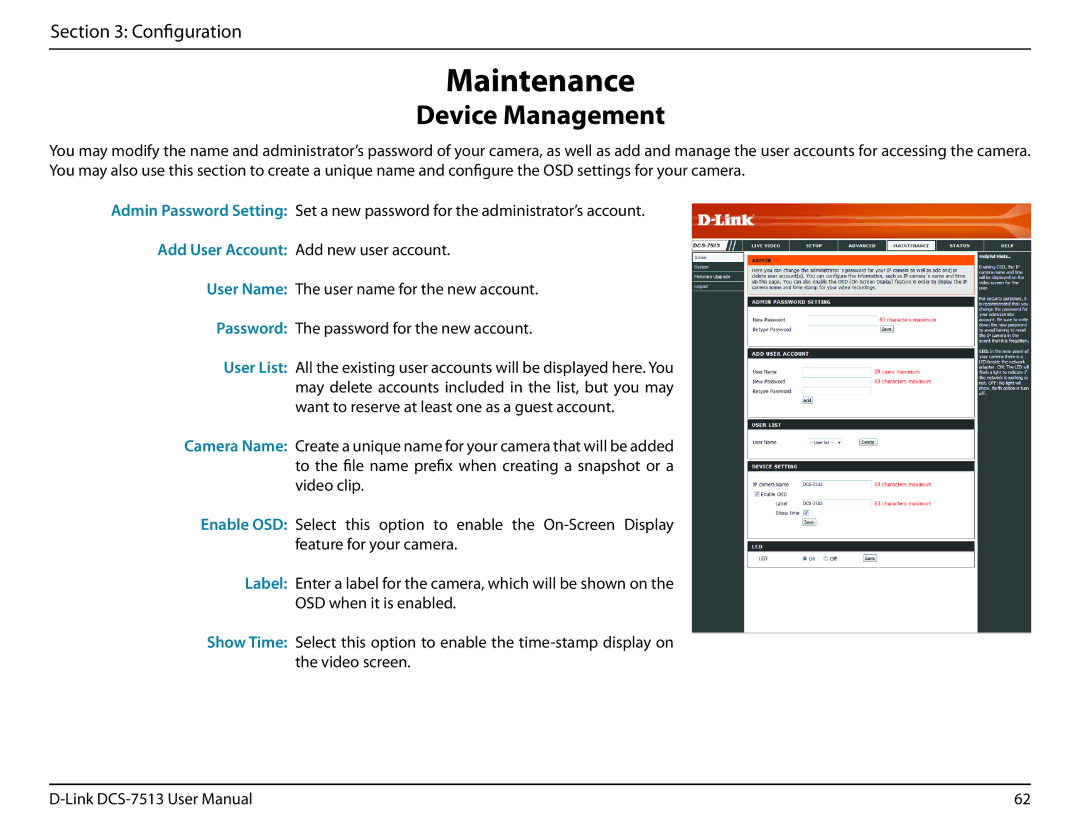 D-Link DCS-7513 user manual Maintenance, Device Management 