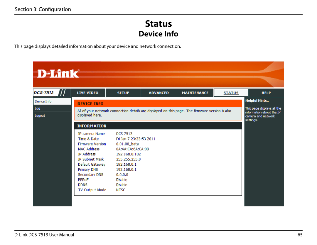 D-Link DCS-7513 user manual Status, Device Info 