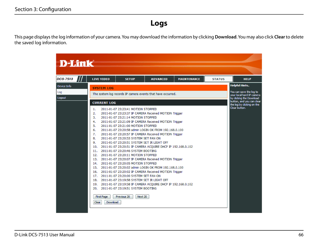 D-Link DCS-7513 user manual Logs 