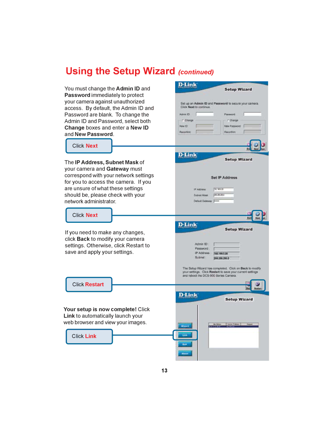 D-Link DCS-900 manual Click Restart 