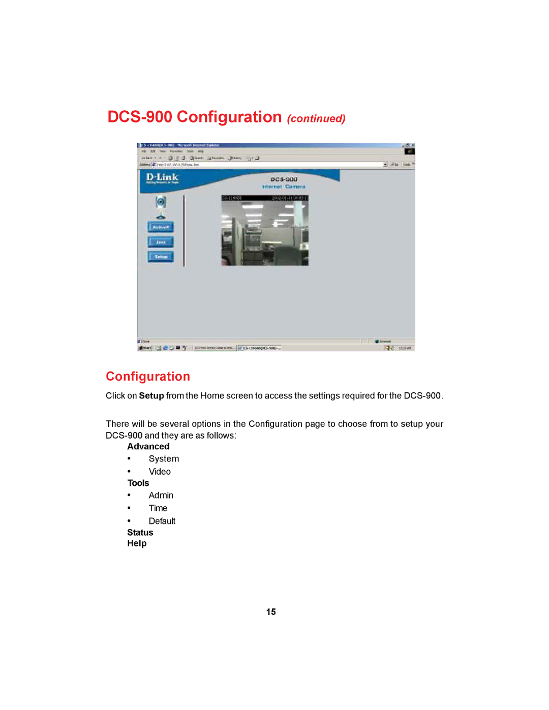 D-Link manual DCS-900 Configuration, Advanced, Tools, Status Help 