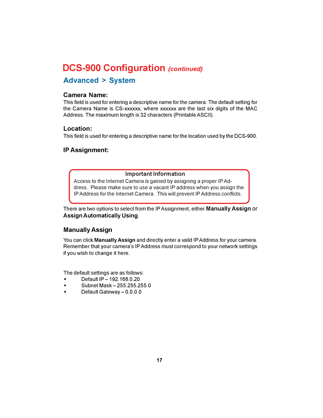 D-Link DCS-900 manual Camera Name, Location, IP Assignment, Manually Assign 