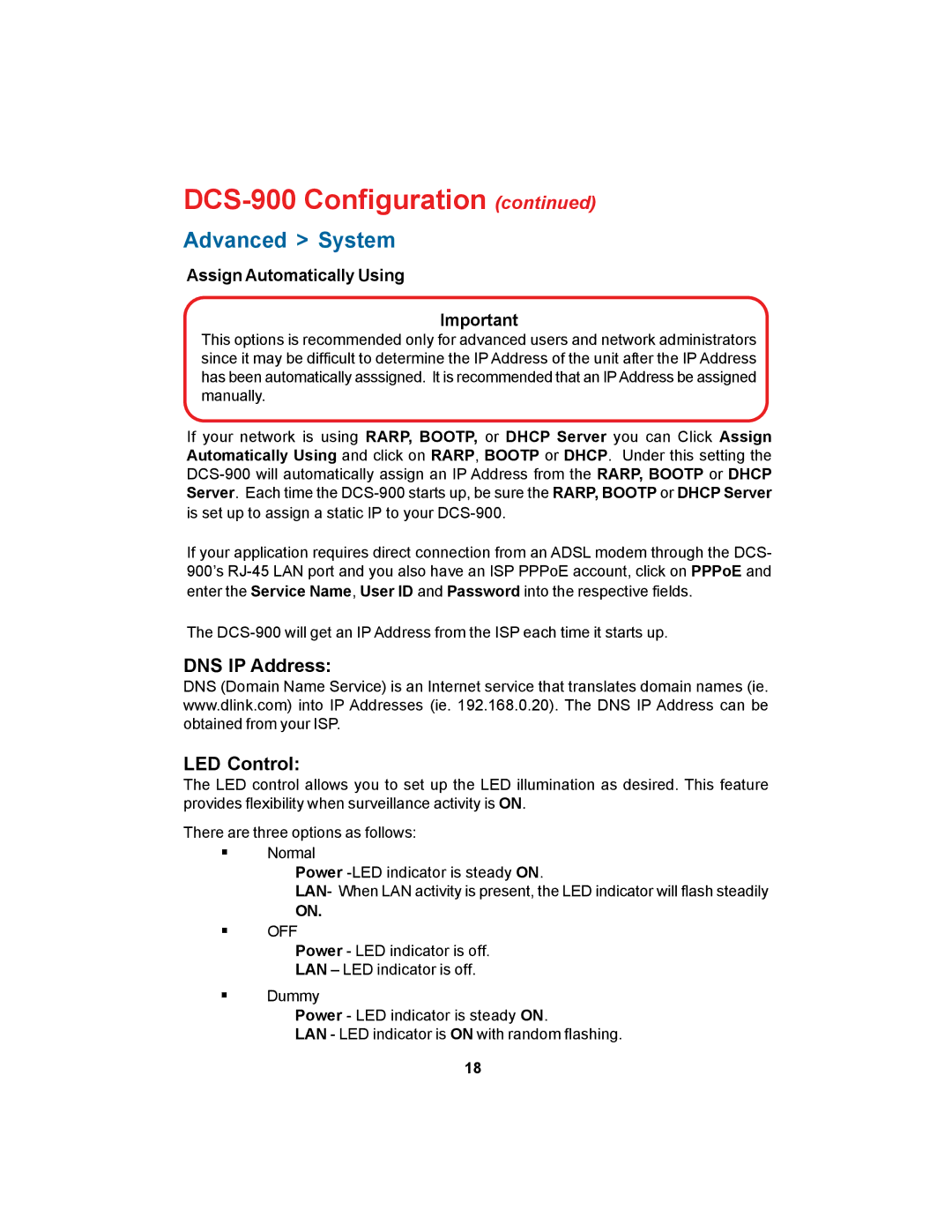 D-Link DCS-900 manual DNS IP Address LED Control, Assign Automatically Using 