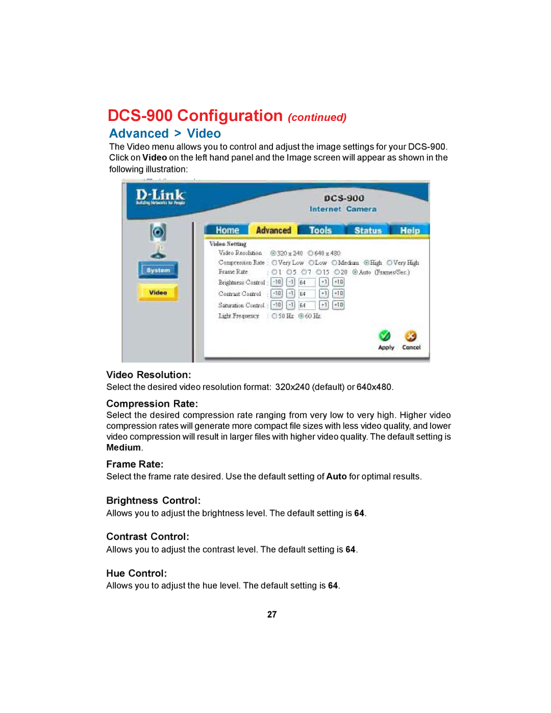 D-Link DCS-900 manual Advanced Video 