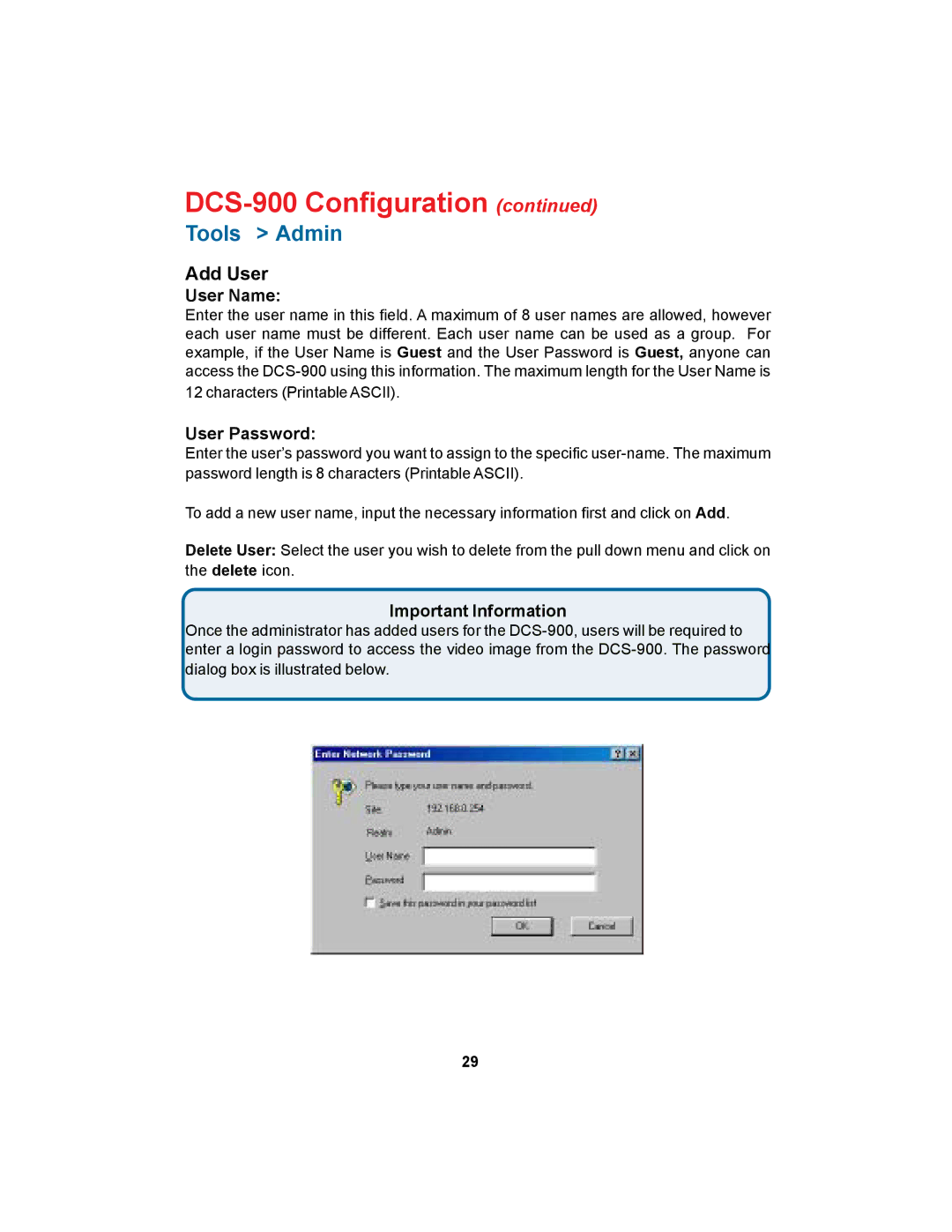 D-Link DCS-900 manual Add User, User Name, User Password, Important Information 