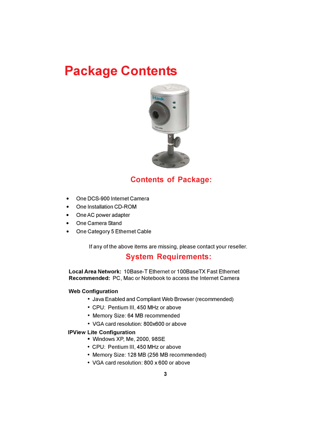 D-Link DCS-900 manual Package Contents 