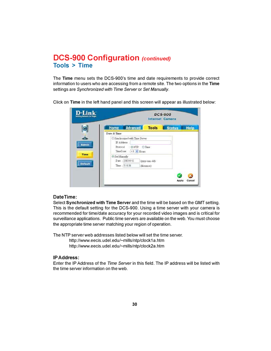 D-Link DCS-900 manual Tools Time, DateTime, IP Address 